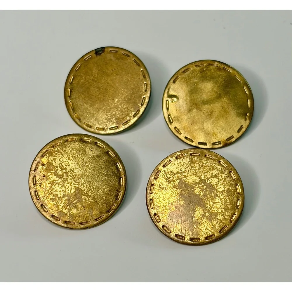 Lot 4 Antique Early 19th C Flat Brass Buttons Dashed Border Wire Shank 1820s